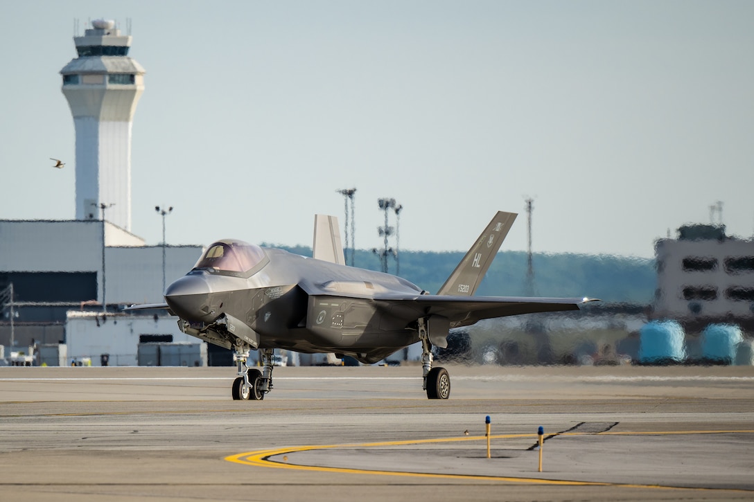An aircraft from the U.S. Air Force F-35 Lightning II Demonstration Team arrives at the Kentucky Air National Guard Base in Louisville, Ky., April 19, 2023, in advance of the Thunder Over Louisville air show. The annual event, to be held along the banks of the Ohio River on April 22, will feature more than 20 military and civilian aircraft. (U.S. Air National Guard photo by Dale Greer)
