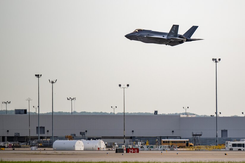 An aircraft from the U.S. Air Force F-35 Lightning II Demonstration Team arrives at the Kentucky Air National Guard Base in Louisville, Ky., April 19, 2023, in advance of the Thunder Over Louisville air show. The annual event, to be held along the banks of the Ohio River on April 22, will feature more than 20 military and civilian aircraft. (U.S. Air National Guard photo by Dale Greer)