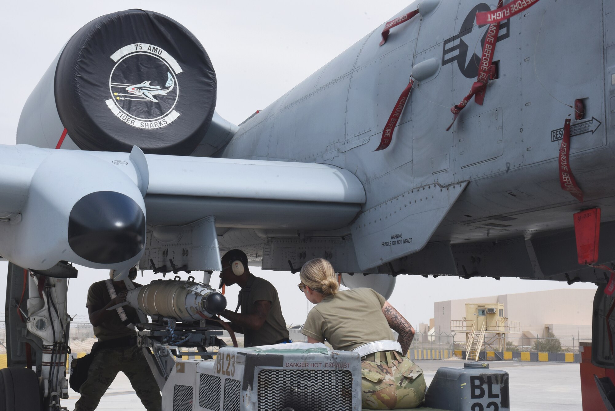 U.S Air Force airmen from the 75th Expeditionary Fighter Generation Squadron weapons flight, load the first munitions in preparation for the first live-fire A-10 Thunderbolt II sorties out of Al Dhafra Air Base, United Arab Emirates, April 18, 2023. The loading of these munitions represents another step forward in the deployment of the A-10 to the U.S. Central Command area of responsibility, which offers the opportunity for 9th Air Force (Air Forces Central). to experiment with CAS capabilities in order to achieve the most robust, diverse force possible. Ninth AF (AFCENT) is committed to ensuring security and stability alongside our partners in the U.S. Central Command area of responsibility. (U.S. Air Force photo by Tech. Sgt. Chris Jacobs/released)