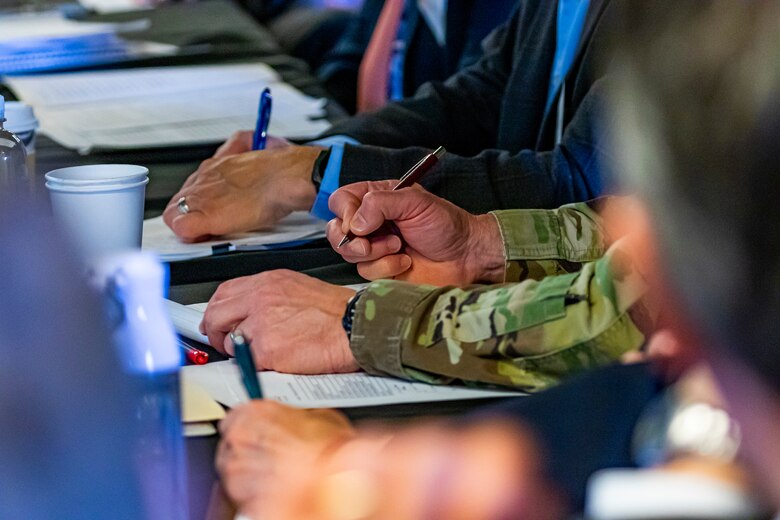 Members of the Inland Waterways Users Board take notes during their board meeting in Pittsburgh, April 13, 2023.

The U.S. Army Corps of Engineers Pittsburgh District hosted the tour and several briefings about ongoing and future inland navigation construction projects within the district.

During the tour, Inland Waterways User Board (IWUB) members learned about the overall Lower Monongahela River navigation project and the new river chamber construction at Charleroi, which is in its final phase after nearly 20 years of construction. Members also listened to briefings about the overall Upper Ohio navigation project and its first major construction contract, the new Montgomery lock construction. 

IWUB is an industry federal-advisory committee representing all fuel-taxed inland waterway systems within the United States. The navigation industry contributes to the Inland Waterways Trust Fund through fuel taxes paid by carriers who transport bulk commodities on the inland waterway system. The board makes recommendations to Congress and the Assistant Secretary of the Army for Civil Works on how best to invest federal and trust funds dollars to keep the most cost-effective, environmentally friendly, and safest form of transportation for bulk commodities resilient and reliable.
(U.S. Army Corps of Engineers Pittsburgh District photo by Michel Sauret)