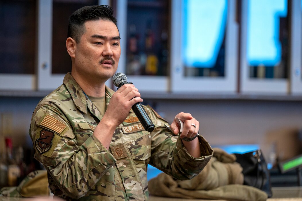 U.S. Air Force Master Sgt. Sean Kent, 621st Air Control Squadron and 607th Air and Space Operations Center first sergeant, answers a student’s question during the First Sergeant’s Symposium at Osan Air Base, Republic of Korea, April 17, 2023. The symposium offered those in attendance a chance to understand the job of a first sergeant prior to taking on the additional duty. (U.S. Air Force photo by Airman 1st Class Aaron Edwards)