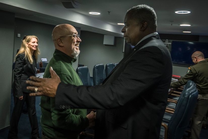 Secretary of Defense Lloyd J. Austin III greets Ukrainian Defense Minister Oleksiy Reznikov.