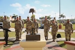 National Guard chiefs of staff from Region VII render a solemn salute at the Guam National Guard Fallen Heroes Memorial in Barrigada April 18, 2023. The delegation spent three days on the island to discuss regional issues, share best practices, and gain a better understanding of the uniqueness of Guam's operational and cultural environment.