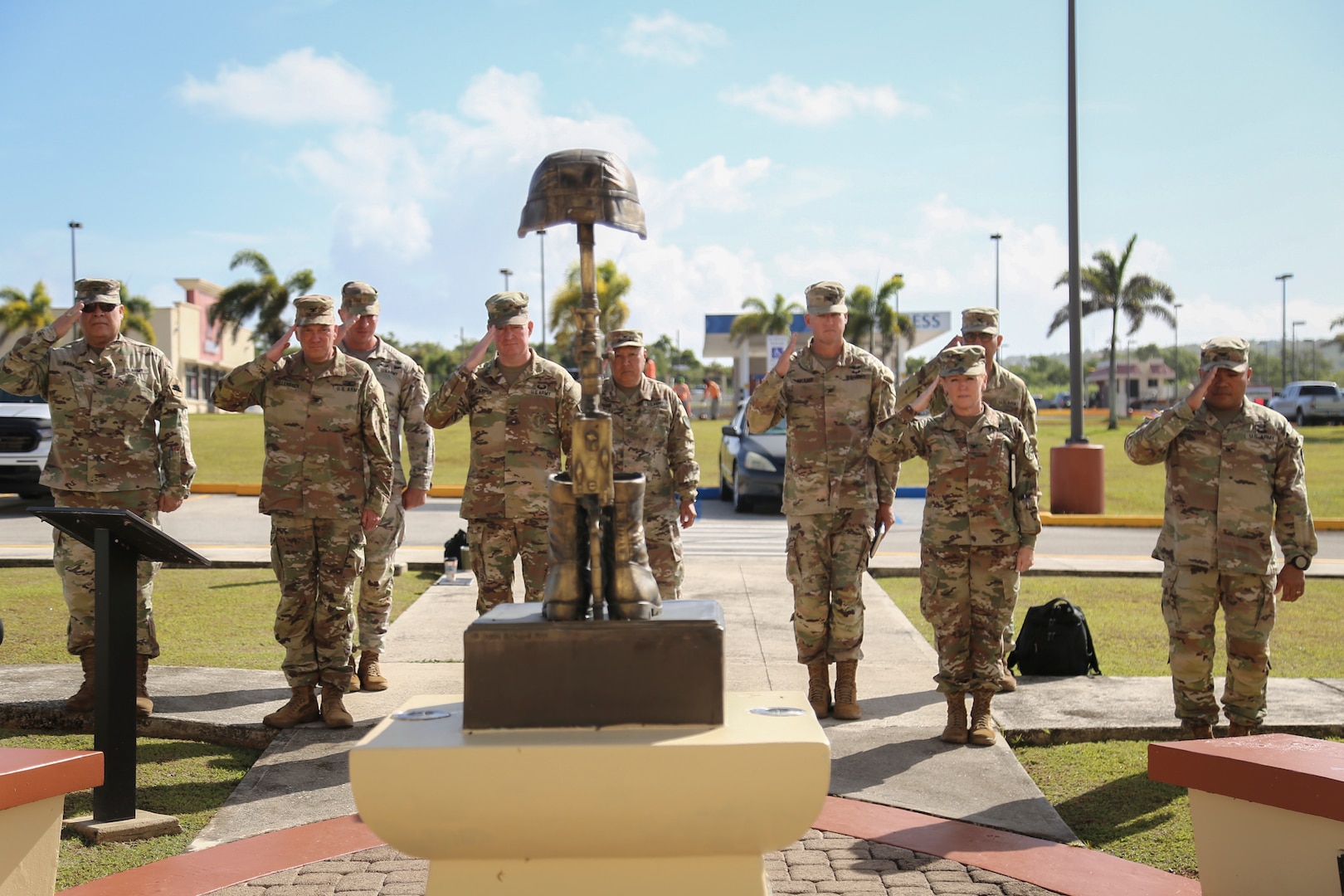 National Guard chiefs of staff from Region VII render a solemn salute at the Guam National Guard Fallen Heroes Memorial in Barrigada April 18, 2023. The delegation spent three days on the island to discuss regional issues, share best practices, and gain a better understanding of the uniqueness of Guam's operational and cultural environment.