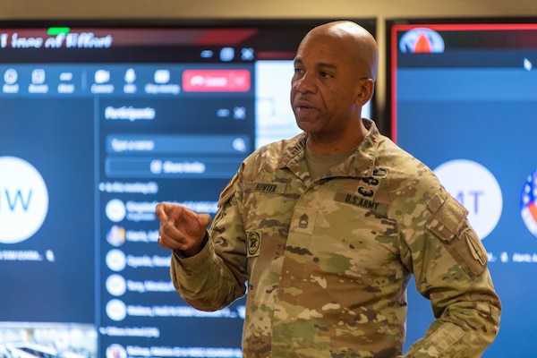 Master Sgt. Leroy Hunter, Financial Management Technician, U.S. Army Special Operations Command Comptroller Office briefs participants during the Finance and Comptroller Corps Sergeant Major Symposium at the Pentagon, March 15, 2023. The three-day symposium offered an opportunity for the leaders of OASA (FM&C) to meet with the senior noncommissioned officers, and discuss items such as the Army budget process, financial information systems, the Army audit and workforce development. (U.S. Army photo by Laura Buchta)