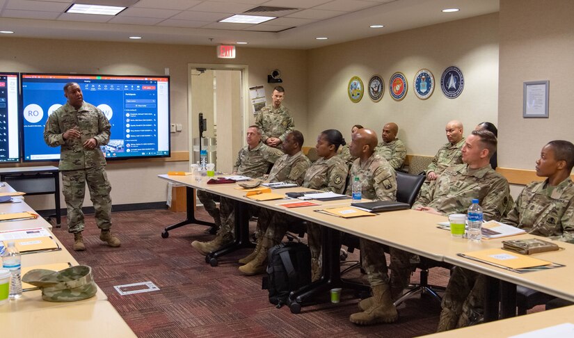 Sgt. Maj. Darnell Cabell, U.S. Army Finance and Comptroller Sergeant Major speaks with sergeants major of the Finance and Comptroller Corps during a symposium at the Pentagon, March 15, 2023. The three-day symposium offered an opportunity for OASA (FM&C) leaders and others to meet with the senior noncommissioned officers, and discuss items such as the Army budget process, financial information systems, the Army audit and workforce development. (U.S. Army photo by Laura Buchta)