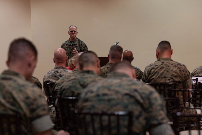 U.S. Navy Rear Adm. Carey Cash, the chaplain of the Marine Corps, speaks to Marines during a period of instruction at Marine Corps Base Camp Pendleton, California, April 5, 2023. During the discussion, Cash spoke to staff noncommissioned officers and officers from across I Marine Expeditionary Force about character development and spiritual fitness.