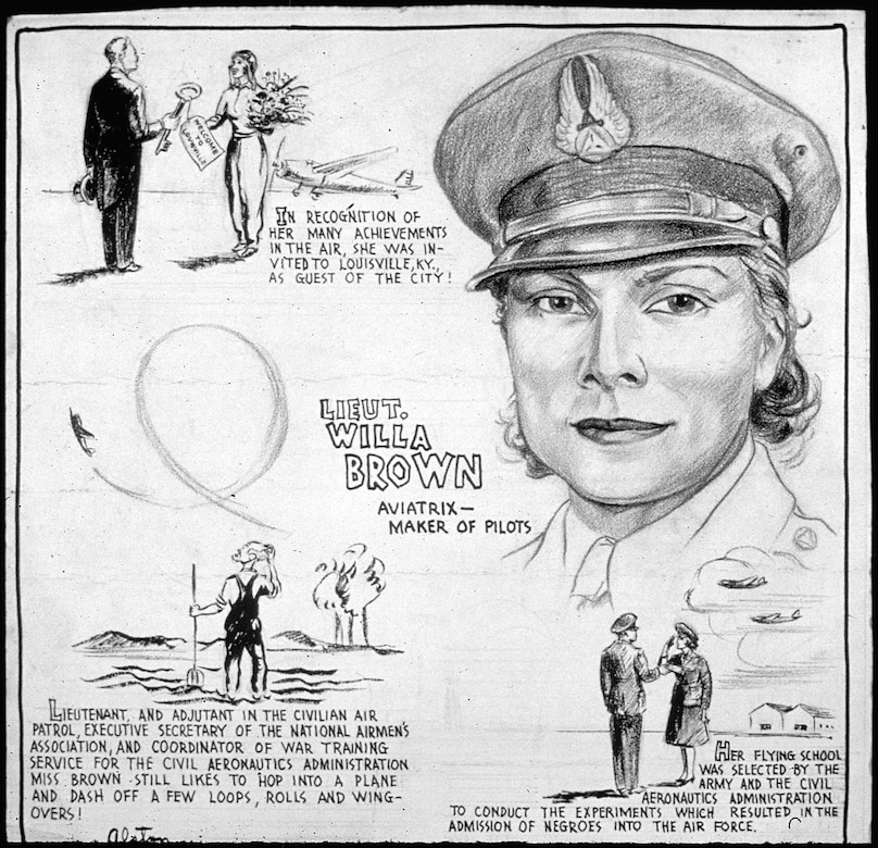 “Lieut. Willa Brown, Aviatrix—Maker of Pilots.” Sketch of Lieutenant Willa Brown produced by Charles Alston ca. 1943. Image courtesy National Archives and Records Administration (208-COM-84).