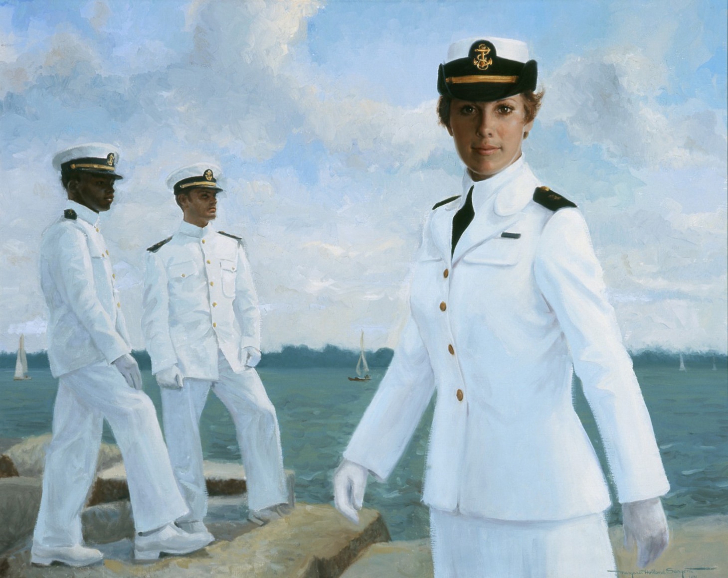 Sandra Irwin from San Francisco, California, became the first woman to enter the Naval Academy in the summer of 1976. She is depicted here with classmates Ray Damm and Carl B. Clark along the Severn River seawall. Oil on Canvas, Margaret Sargent. Image courtesy Naval History and Heritage Command (88-162-RT).