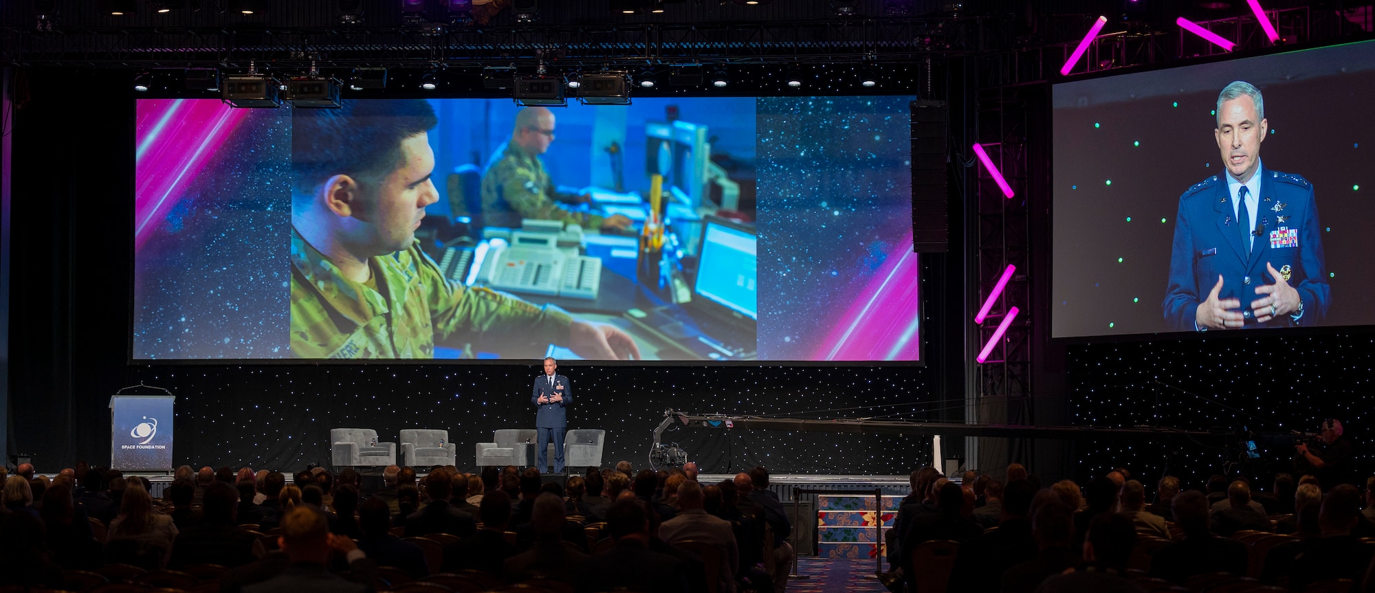 U.S. Space Force Lt. Gen. Stephen N. Whiting, Space Operations Command commander, delivered “The Way We Win” keynote during the 38th Space Symposium at the Broadmoor, Colorado Springs, Colo., April 20, 2023. Space Symposium attendees represent all sectors of the space community from multiple spacefaring nations; space agencies; commercial space businesses and associated subcontractors; military, national security and intelligence organizations; cyber security organizations to partner in the space domain. (US. Space Force photo by SSgt Jose A. Rodriguez Jr)