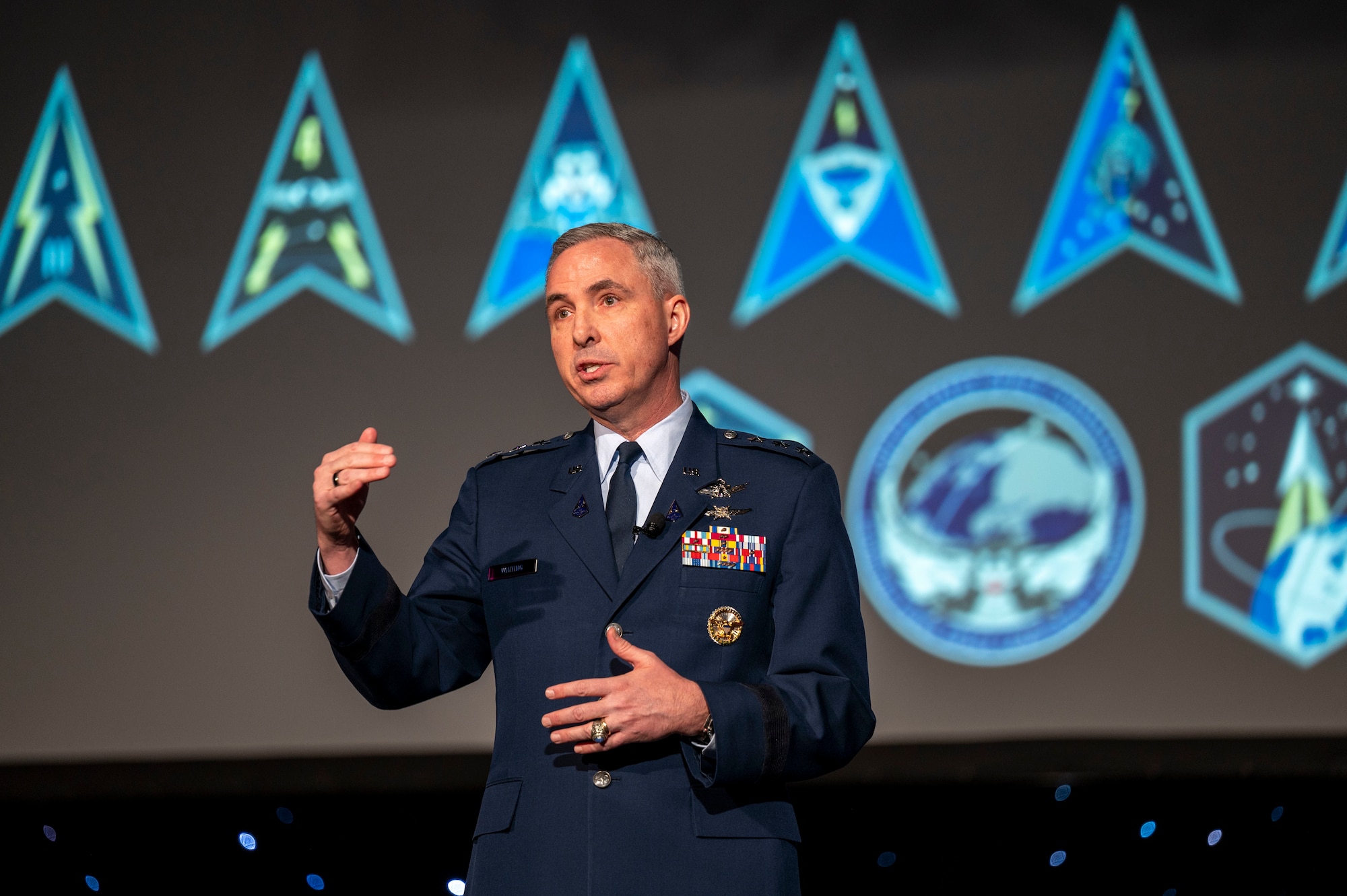 U.S. Space Force Lt. Gen. Stephen N. Whiting, Space Operations Command commander, delivered “The Way We Win” keynote during the 38th Space Symposium at the Broadmoor, Colorado Springs, Colo., April 20, 2023. Space Symposium attendees represent all sectors of the space community from multiple spacefaring nations; space agencies; commercial space businesses and associated subcontractors; military, national security and intelligence organizations; cyber security organizations to partner in the space domain. (US. Space Force photo by SSgt Jose A. Rodriguez Jr)