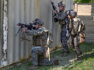 U.S. Marine wear the Force-on-Force-Next Training Systems man-worn detection system during a prototype training demonstration in Camp Lejeune, NC Aug. 28, 2020.