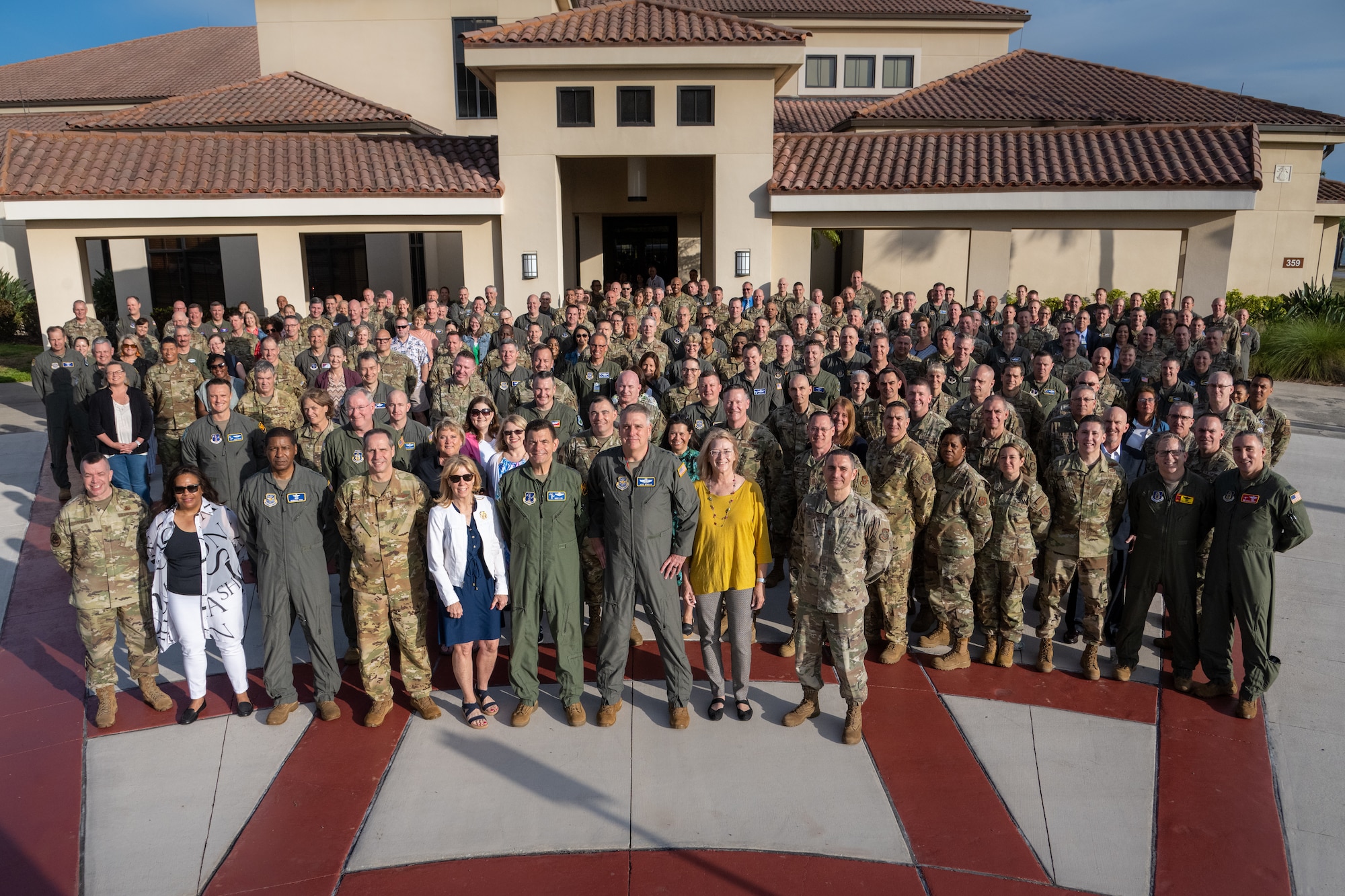 Total Force Mobility Air Force leaders pose for a group photo during Phoenix Rally at MacDill Air Force Base, Florida, April 19, 2023. Spring Phoenix Rally brought together more than 250 Total Force Mobility Air Force leaders and spouses to discuss Warrior Heart, Mobility Guardian ’23, Air Mobility Command's strategy and priorities, and how to work together to ensure the Mobility Air Force is ready to deliver Rapid Global Mobility across the Joint Force. (U.S. Air Force photo by Airman 1st Class Zachary Foster)