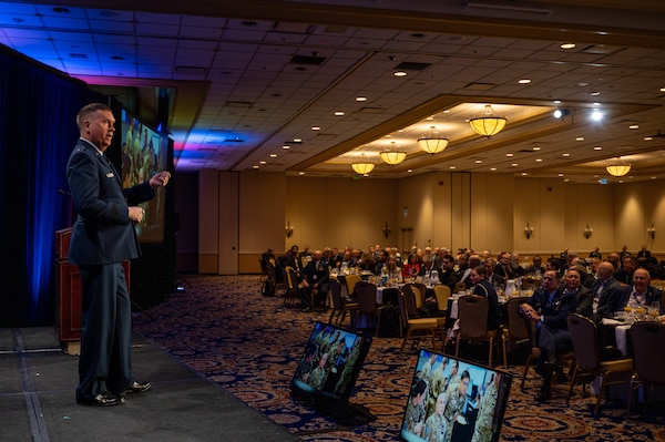 U.S. Air Force Maj. Gen. Shawn N. Bratton, Commander of Space Training and Readiness Command, gives remarks as the featured speaker for the 38th Space Symposium Satellite Forum Breakfast in Colorado Springs, Colorado, April 19, 2023. (U.S. Space Force photo by Ethan Johnson)
