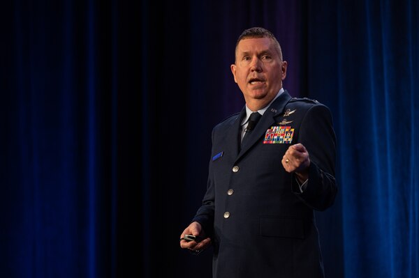 U.S. Air Force Maj. Gen. Shawn N. Bratton, Commander of Space Training and Readiness Command, gives remarks as the featured speaker for the 38th Space Symposium Satellite Forum Breakfast in Colorado Springs, Colorado, April 19, 2023. (U.S. Space Force photo by Ethan Johnson)
