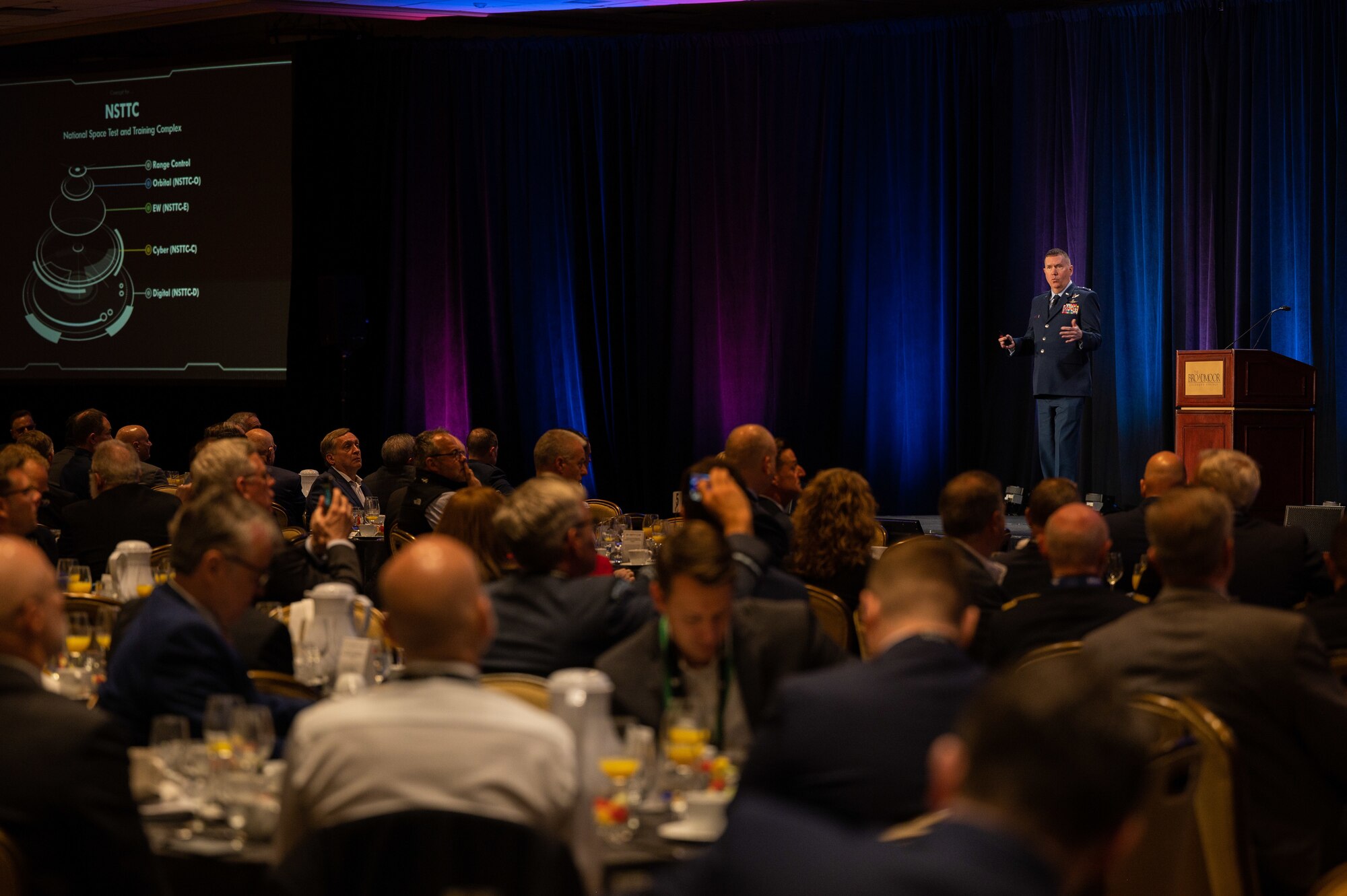 U.S. Air Force Maj. Gen. Shawn N. Bratton, Commander of Space Training and Readiness Command, gives remarks as the featured speaker for the 38th Space Symposium Satellite Forum Breakfast in Colorado Springs, Colo. on 19 April 2023. (U.S. Space Force photo by Ethan Johnson)