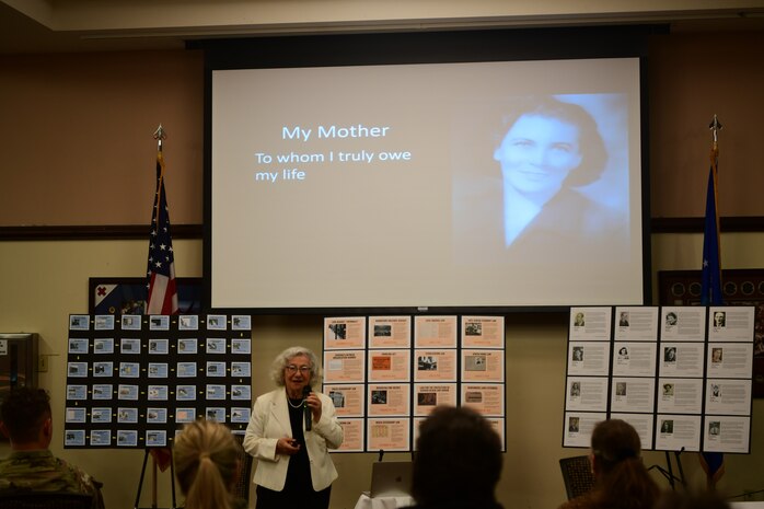 Elizabeth Igra, retired veteran educator, gives a speech at the Recce Point Club on Beale Air Force Base, California on April 18, 2023