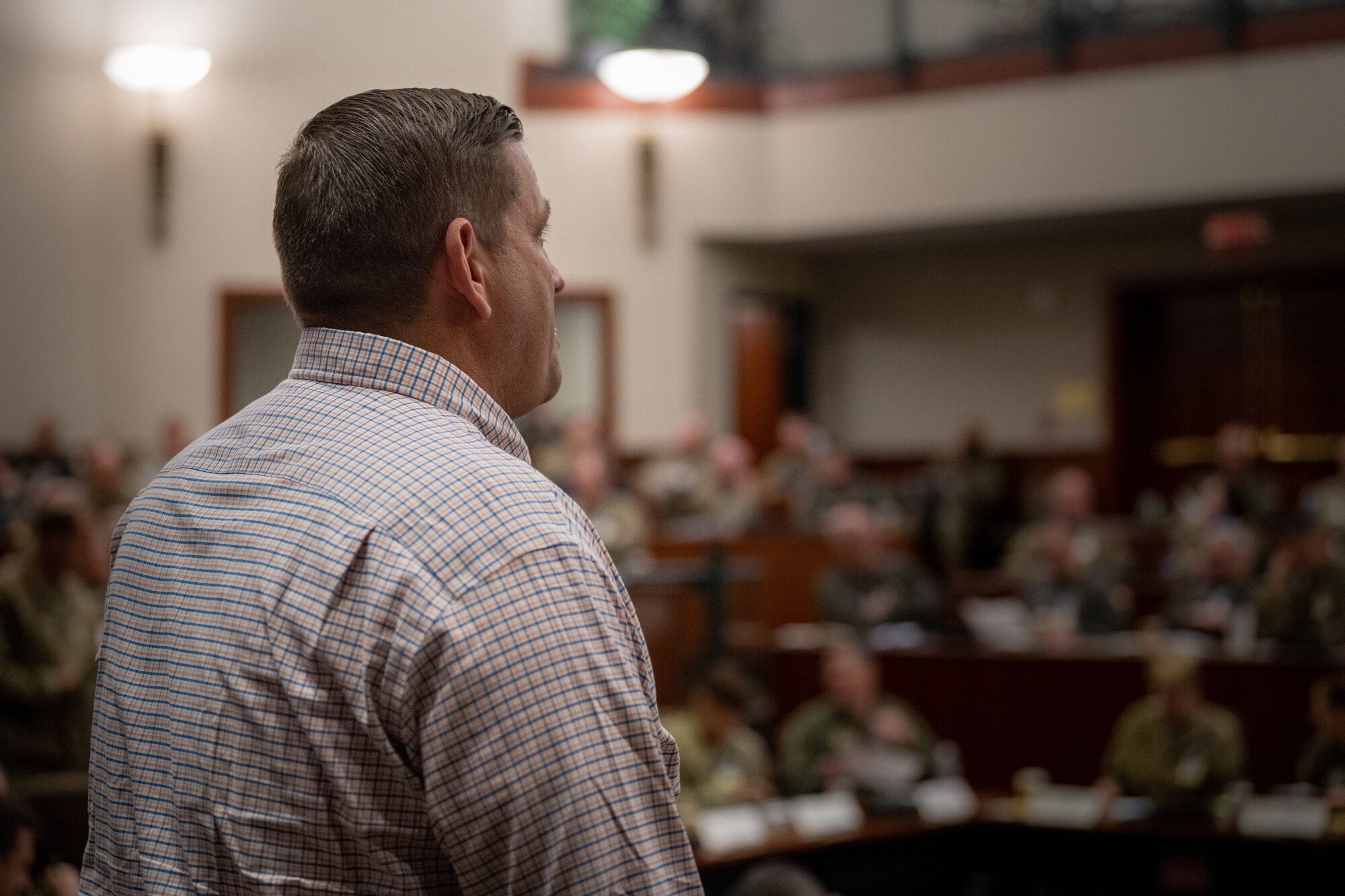 Jeff Ulmer, former KC-10 Extender pilot, leads a discussion on “The Reality of War” during the Phoenix Rally conference at MacDill Air Force Base, Florida, April 18, 2023. Ulmer was invited to speak during the Spring Phoenix Rally conference and shared his view on the future of global warfare. (U.S. Air Force photo by Airman 1st Class Zachary Foster)