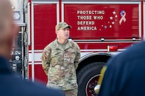 U.S. Air Force Col. Ryan Zeitler, vice commander of Joint Base Anacostia-Bolling and the 11th Wing, provides closing remarks at the Life Saving Award presentation, April 13, 2023, JBAB, Washington, D.C. Members of Naval District Washington Fire and Emergency Services were recognized with Certificates of Life Saving and Significant Achievement for their quick response to an incident on JBAB which resulted in the patient’s second chance at life. (U.S. Air Force photo by Kristen Wong)