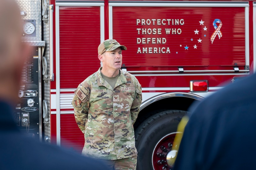 U.S. Air Force Col. Ryan Zeitler, vice commander of Joint Base Anacostia-Bolling and the 11th Wing, provides closing remarks at the Life Saving Award presentation, April 13, 2023, JBAB, Washington, D.C. Members of Naval District Washington Fire and Emergency Services were recognized with Certificates of Life Saving and Significant Achievement for their quick response to an incident on JBAB which resulted in the patient’s second chance at life. (U.S. Air Force photo by Kristen Wong)