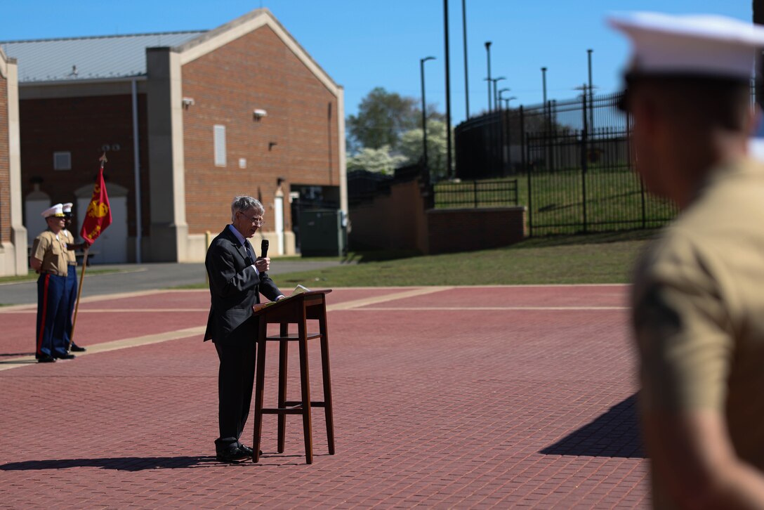 Retired U.S. Ambassador, Ryan Crocker, the ambassador to the U.S. Mission in Beirut at the time of the bombing, addresses attendees of the dedication and naming ceremony for McMaugh Hall on Marine Corps Base Quantico, April 18, 2023. This ceremony marks the 40th anniversary of the bombing of the U.S. Embassy in Beirut, in which U.S. Marine Corps Cpl. Robert V. McMaugh was killed in the explosion. (U.S. Marine Corps photo by Lance Cpl. David Brandes)