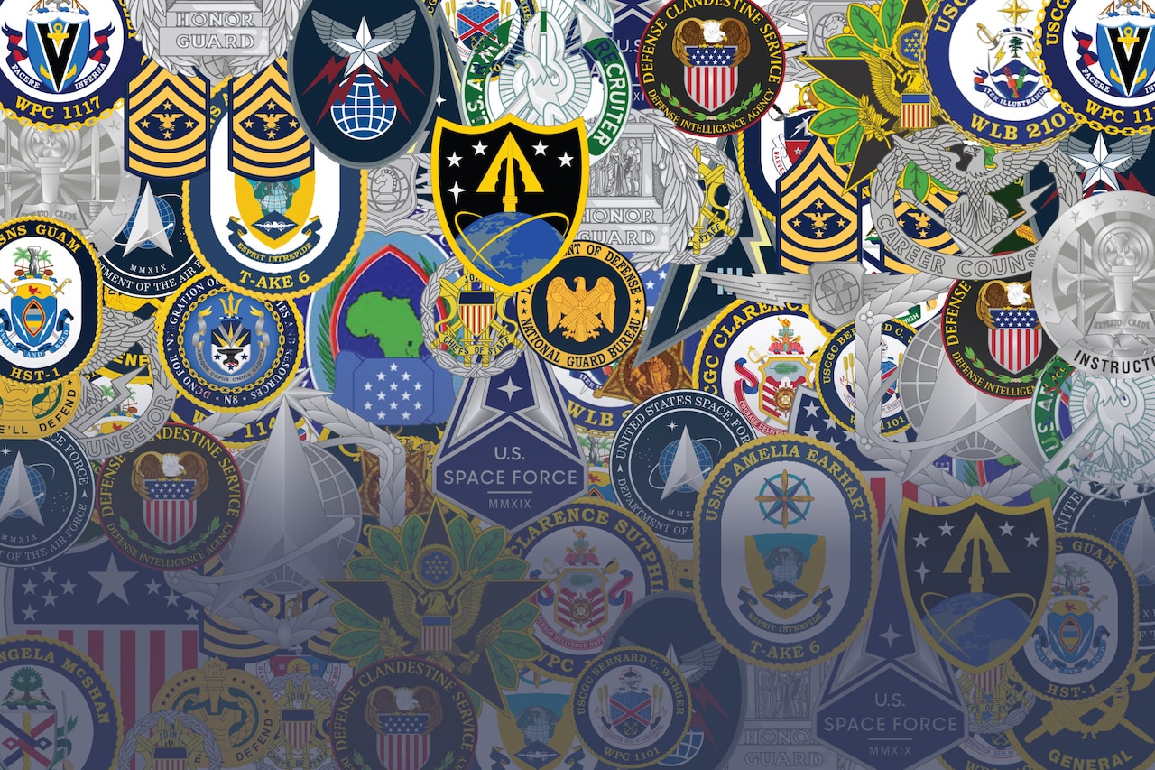 A background of military and government seals with a blue fading overlay.