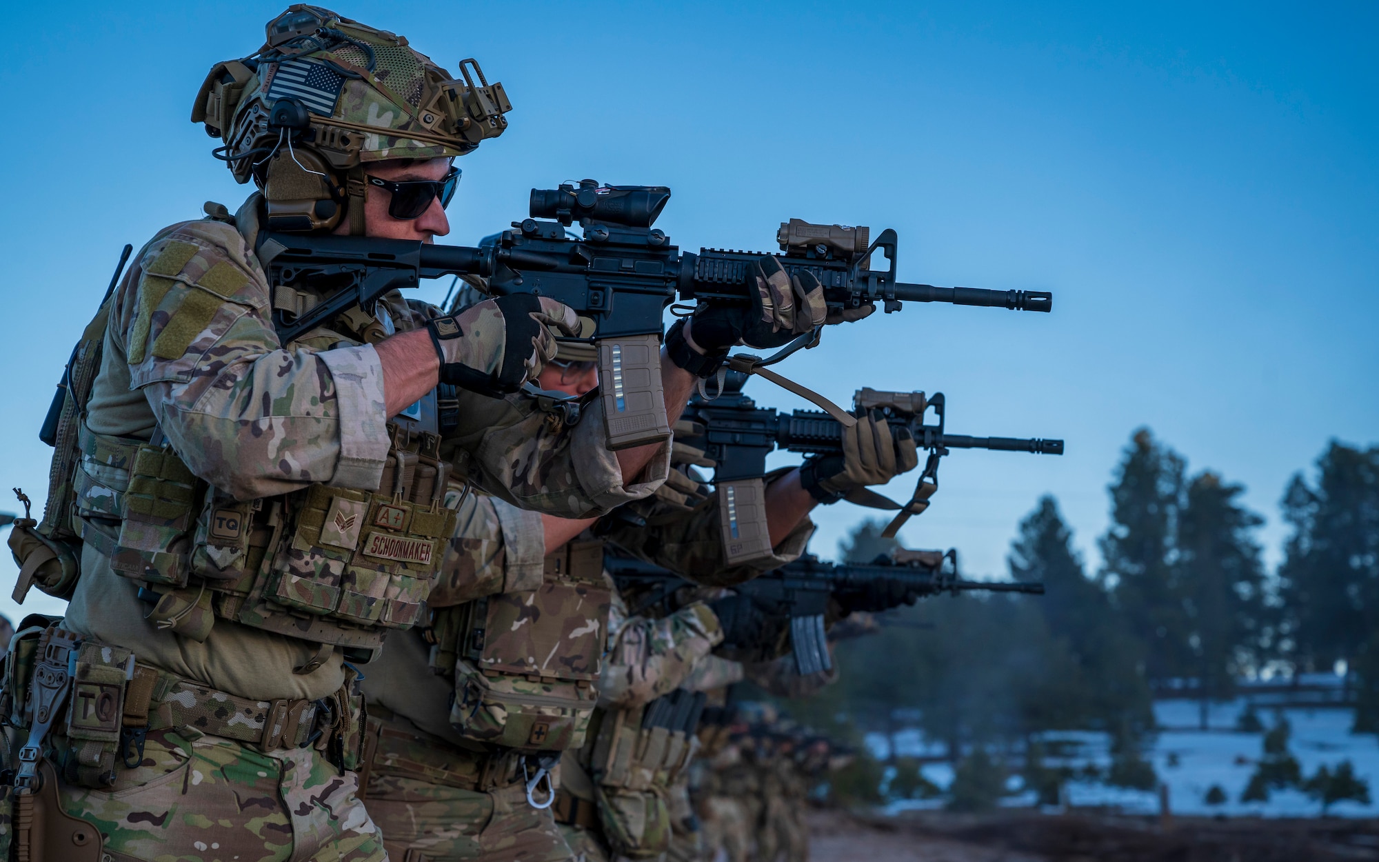 Members assigned to the 56th Civil Engineer Squadron Explosive Ordnance Disposal flight train with M4 carbine assault rifles on a firing range at Camp Navajo, Arizona, April 10, 2023.