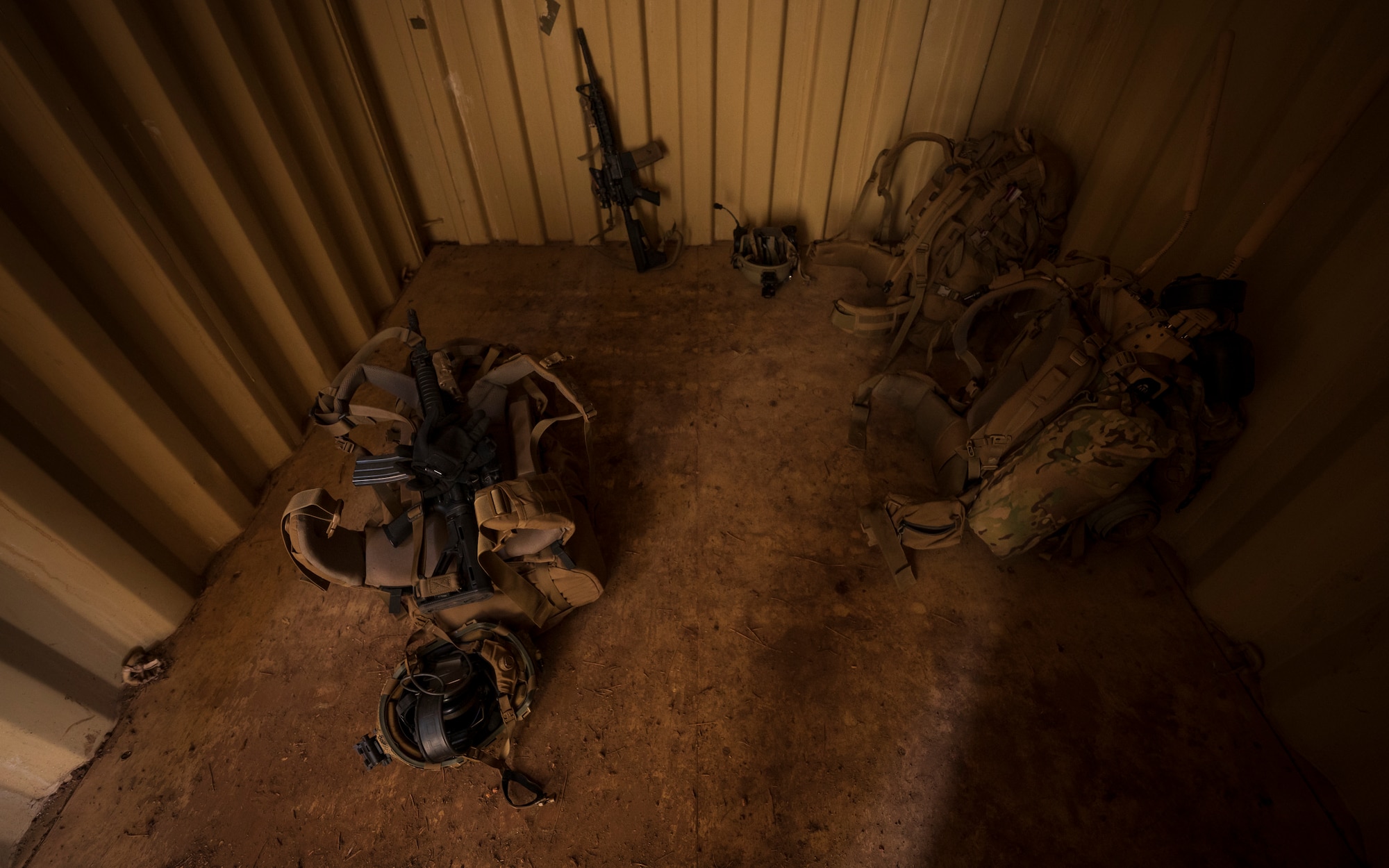 Tactical gear belonging to members assigned to the 56th Civil Engineer Squadron Explosive Ordnance Disposal flight sits inside a storage unit at Camp Navajo, Arizona, April 12, 2023.