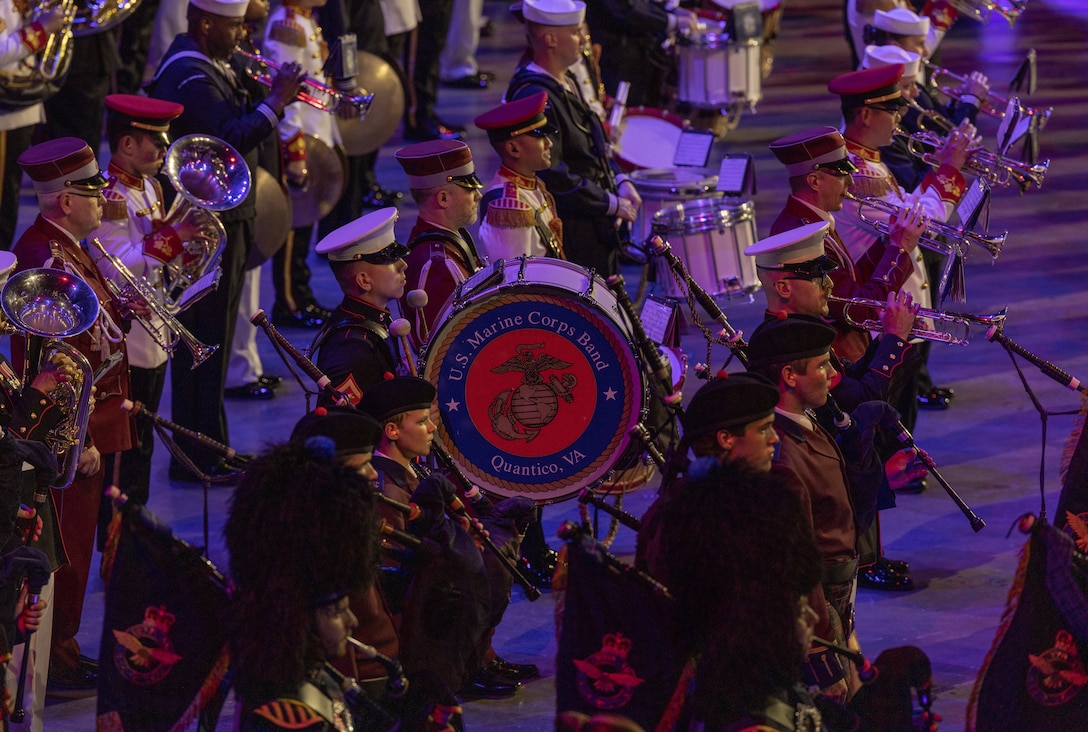 U.S. Marines with the Quantico Marine Corps Band perform alongside bands from around the globe during the Virginia International Tattoo in Norfolk, Virginia, April 19, 2023. The Virginia International Tattoo is an annual military music and arts festival featuring performances by military bands, drill teams, dancers, and artists from around the world. The event creates a sense of camaraderie and mutual respect among the participants, who come from different branches of the military and different countries, but share a common commitment to service and sacrifice. (U.S. Marine Corps Photo by Lance Cpl. Kayla LeClaire)