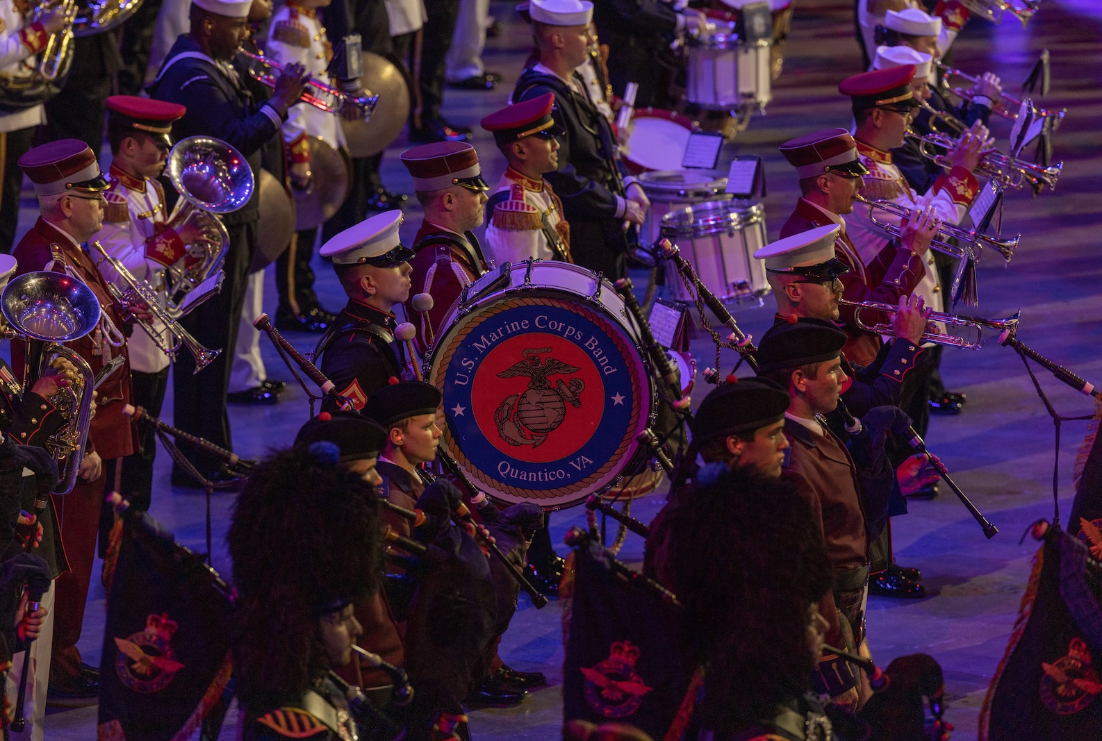 U.S. Marines with the Quantico Marine Corps Band perform alongside bands from around the globe during the Virginia International Tattoo in Norfolk, Virginia, April 19, 2023. The Virginia International Tattoo is an annual military music and arts festival featuring performances by military bands, drill teams, dancers, and artists from around the world. The event creates a sense of camaraderie and mutual respect among the participants, who come from different branches of the military and different countries, but share a common commitment to service and sacrifice. (U.S. Marine Corps Photo by Lance Cpl. Kayla LeClaire)