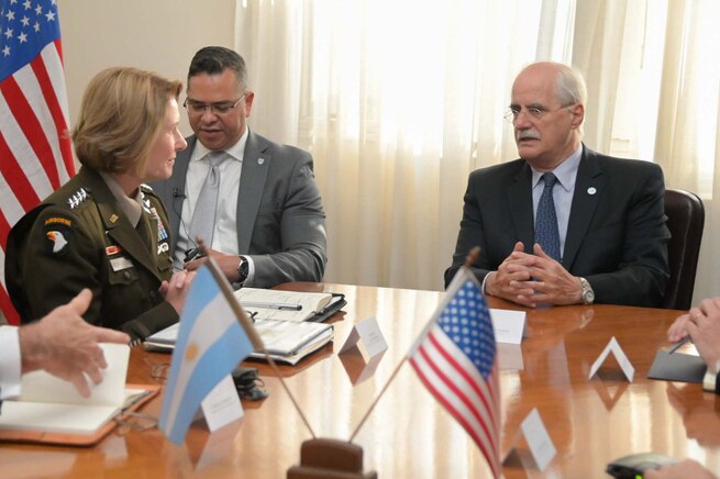 The commander of U.S. Southern Command, Army Gen. Laura Richardson, meets with Argentine Minister of Defense Jorge Taiana to discuss regional security and cooperation.