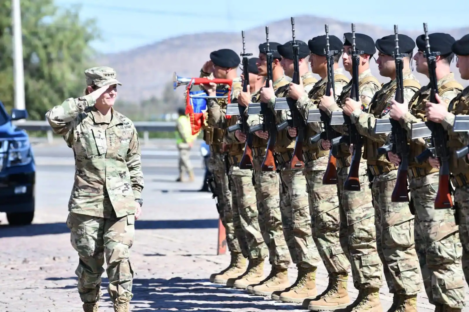 The commander of U.S. Southern Command, U.S. Army Gen. Laura Richardson, reviews Chilean Army soldiers in formation during exercise Fused Response April 19 at Special Operations Brigade.