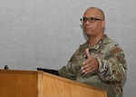 U.S. Air Force Chief Master Sgt. Bradford Cambra, Pacific Air Forces Command first sergeant, gives a lecture on PACAF’s strategic imperatives during a Pacific Diamond conference on Joint Base Pearl Harbor-Hickam, Hawaii, April 12, 2023. This year’s Pacific Diamond Conference was organized to communicate the PACAF commander’s priorities of ensuring a free and open Indo-Pacific.