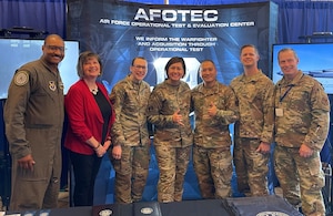 Chief Master Sergeant of the Air Force JoAnne Bass visits the Air Force Operational Test and Evaluation Center Display team at the 2022 Air Force Sergeants’ Association Professional Education and Development Symposium held in San Antonio, Texas. Display team members include (left to right) SMSgt. Brian Pettaway, Katherine Gandara, MSgt. Michelle Mills, SMSgt. Matthew Mantanona, MSgt. Sean Haugen, and AFOTEC Command Chief CMSgt. Christopher Griste.