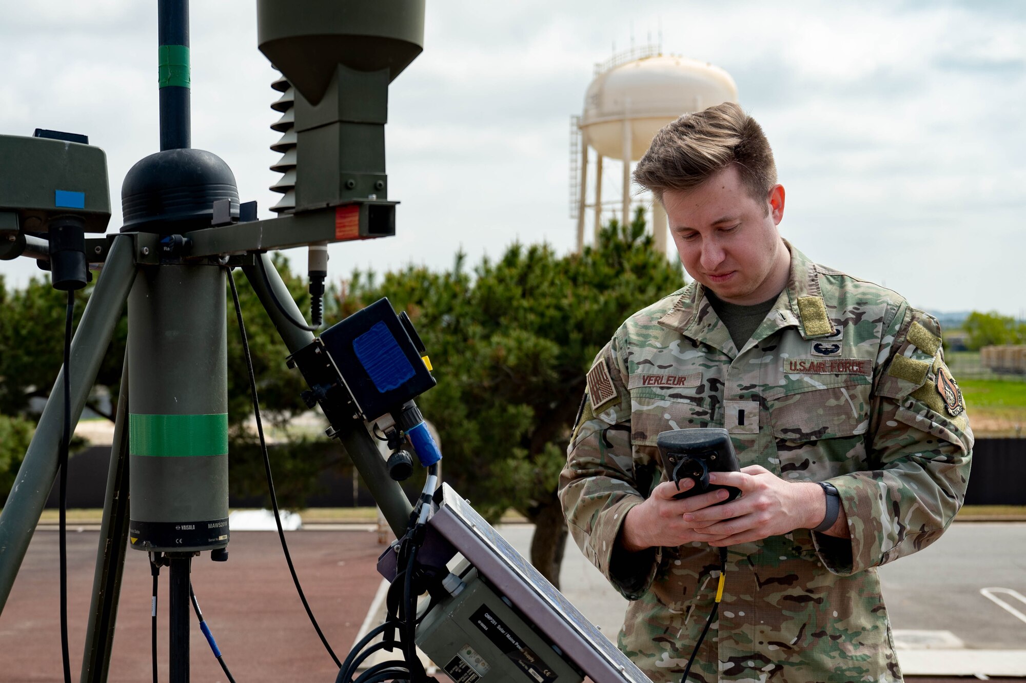 1st Lt. Keis Verleur, 8th Operations Support Squadron weather flight commander and weather parachutist, looks at data on a Tactical Meteorological Observing System at Kunsan Air Base, Republic of Korea, April 20, 2023.