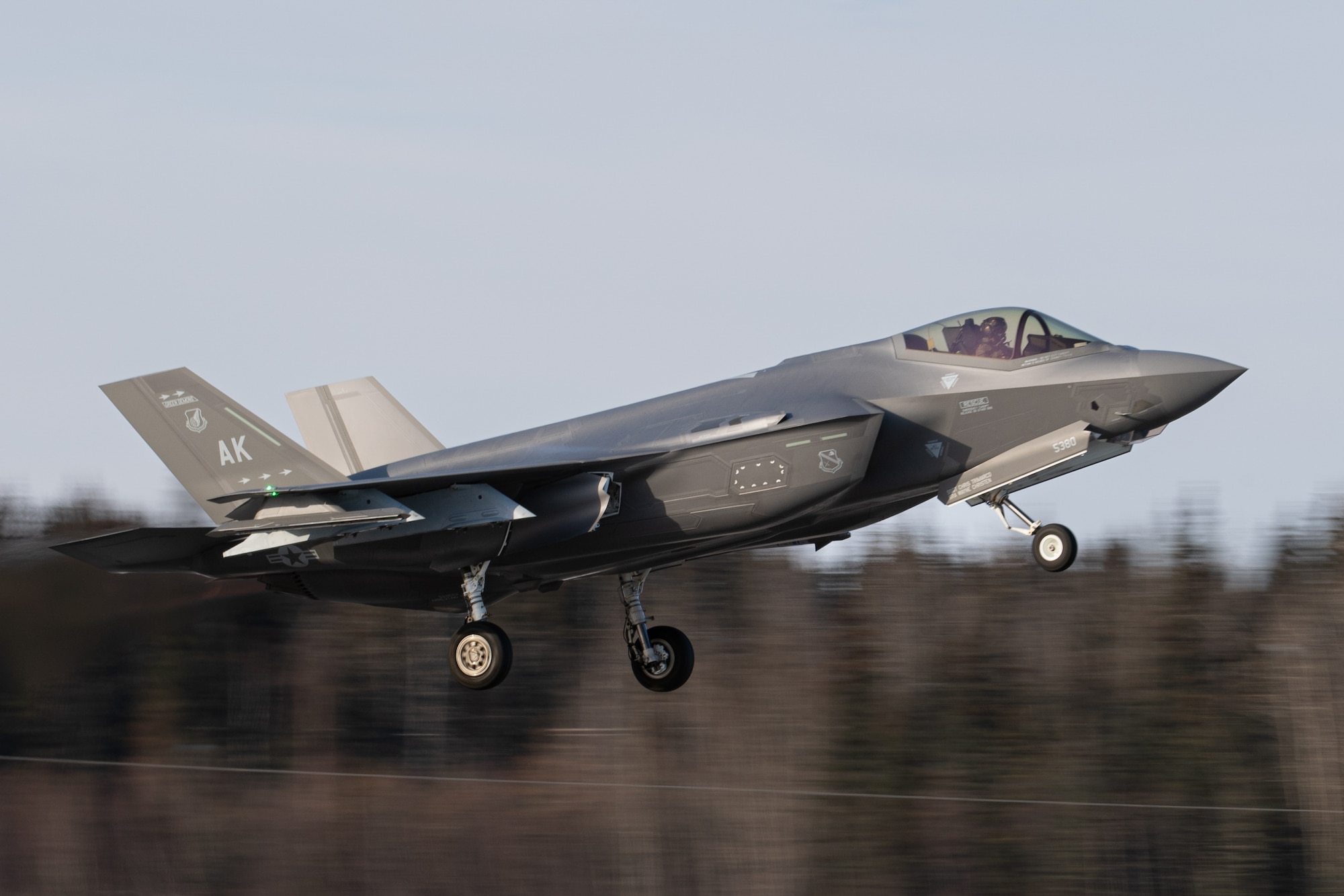 A U.S. Air Force F-35 Lightning II assigned to the 356th Fighter Squadron takes off from Eielson Air Force Base, Alaska during exercise Arctic Gold 23-2, April 19, 2023. Arctic Gold 23-2 tested the wing’s ability to sustain F-35 operations from multiple, simulated, deployed locations. (U.S. Air Force photo by Airman 1st Class Ricardo Sandoval)