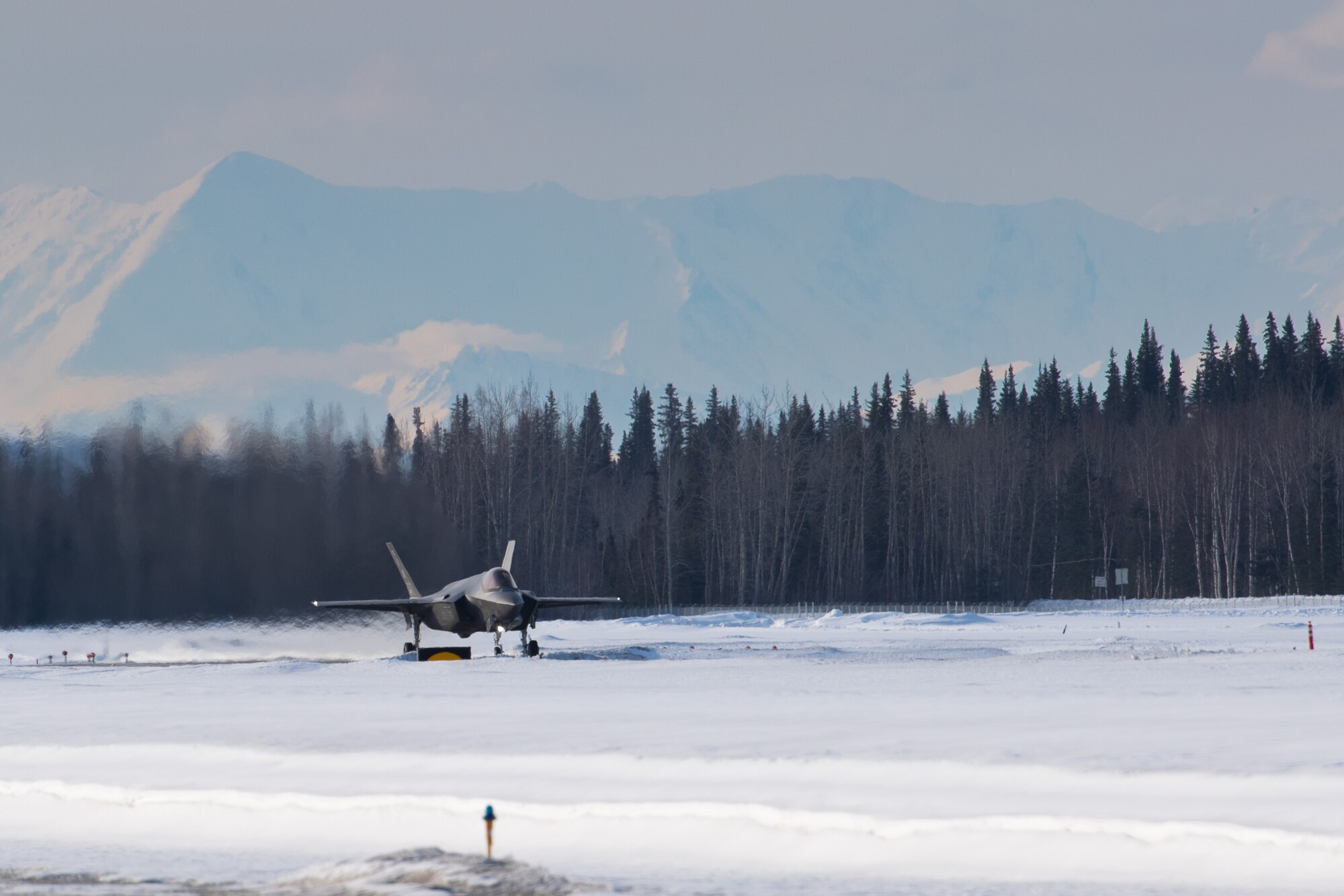 A U.S. Air Force F-35 Lightning II assigned to the 356th Fighter Squadron prepares to take off at Eielson Air Force Base, Alaska during exercise Arctic Gold 23-2, April 19, 2023. Arctic Gold 23-2, a continuation of AG 23-1, helped to refine and train the wing’s Agile Combat Employment capabilities to conduct fighter operations from multiple locations while testing command and control capabilities. (U.S. Air Force photo by Airman 1st Class Ricardo Sandoval)