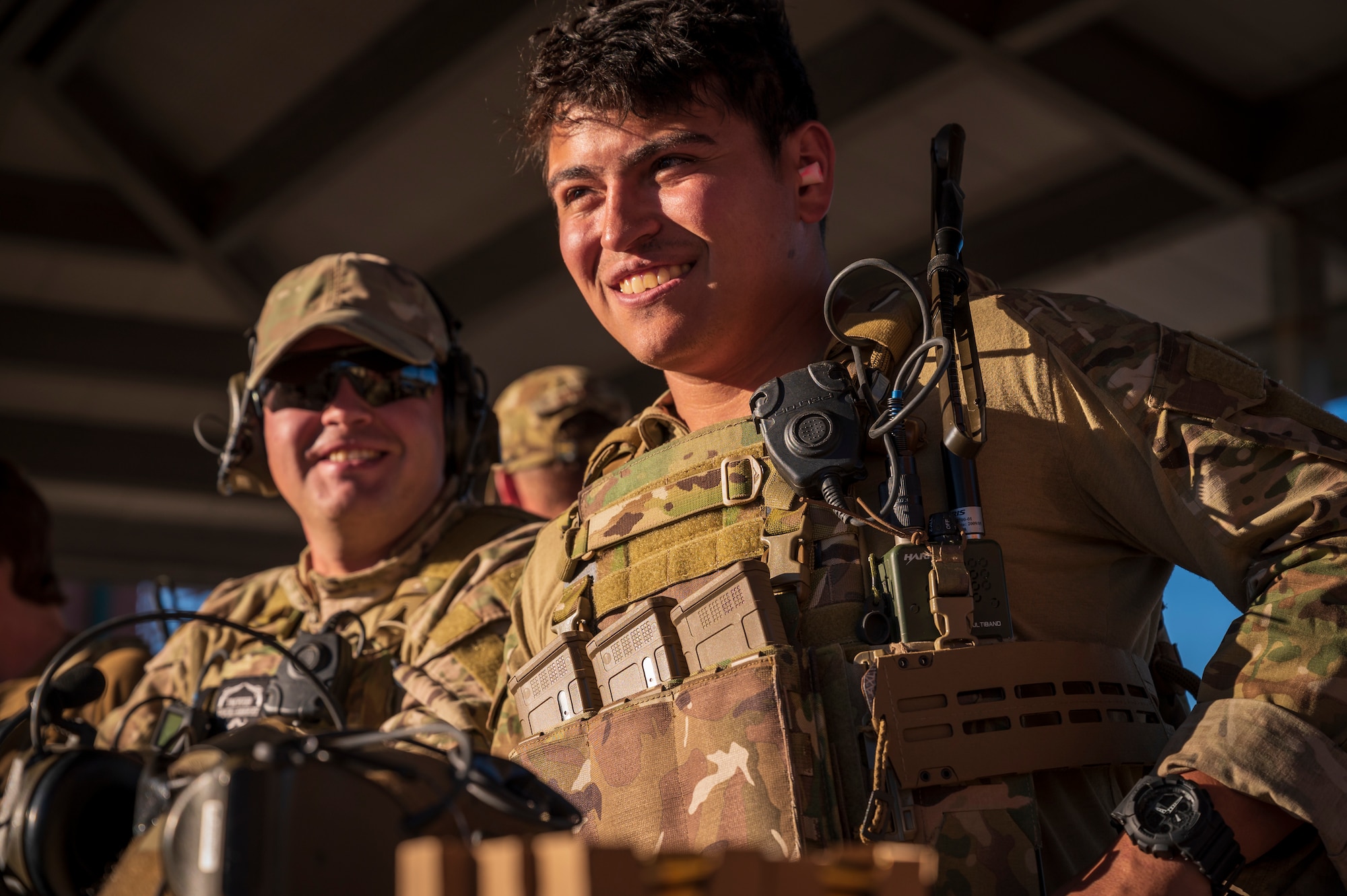 U.S. Air Force Senior Airman Nestor Guevara-Penella, 56th Civil Engineer Squadron Explosive Ordnance Disposal flight technician, prepares equipment on a firing range at Camp Navajo, Arizona, April 10, 2023.