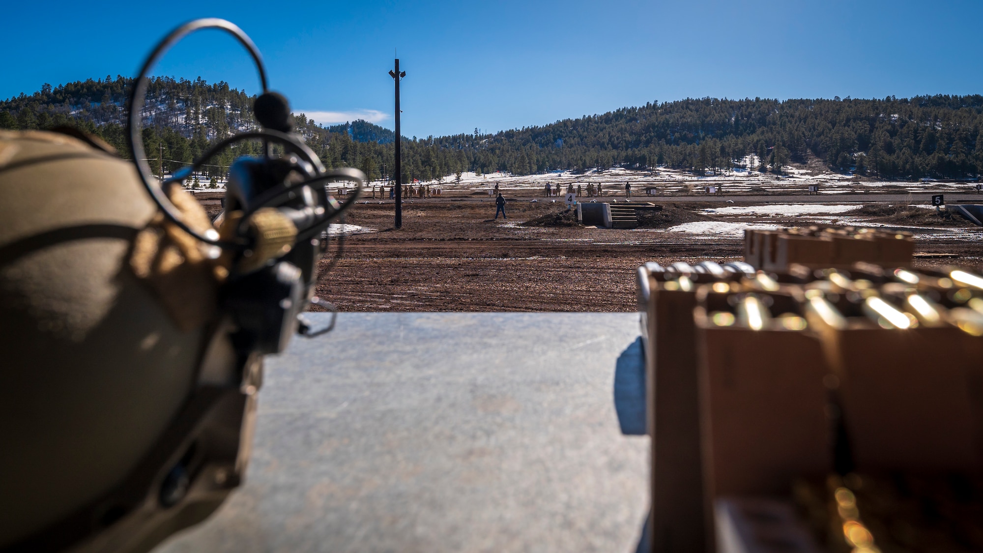 Members assigned to the 56th Civil Engineer Squadron Explosive Ordnance Disposal flight train with small combat arms on a firing range at Camp Navajo, Arizona, April 10, 2023.