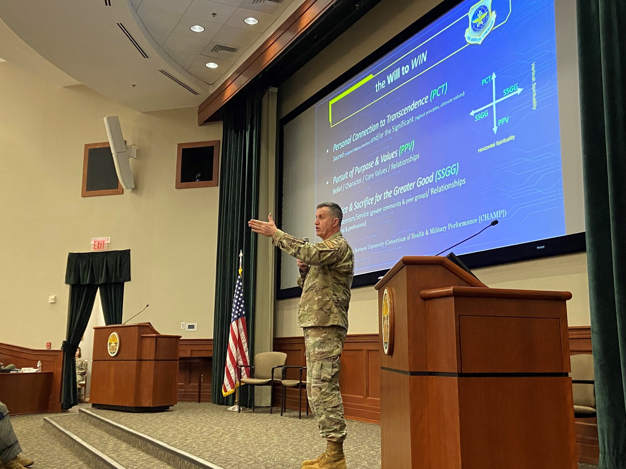 Chaplain (Col.) Mike Newton, Air Mobility Command’s command chaplain, speaks to more than 250 Total Force Mobility leaders and spouses during the Phoenix Rally conference at MacDill Air Force Base, Florida, April 18, 2023. Newton focused on Will, which he defined as the choice to act, having a clear purpose behind the action, and the beliefs, principles and values guiding you. (Courtesy photo).