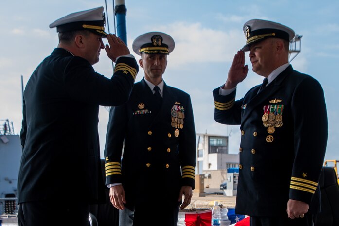 Cmdr. Jeffrey Chewning relieved Cmdr. John Mastriani as commanding officer of the Arleigh Burke-class guided-missile destroyer USS Roosevelt (DDG 80) during a change of command ceremony officiated by Capt. Ed Sundberg, Commodore, Destroyer Squadron 60, aboard the ship at Naval Station Rota, Spain, April 21, 2023.