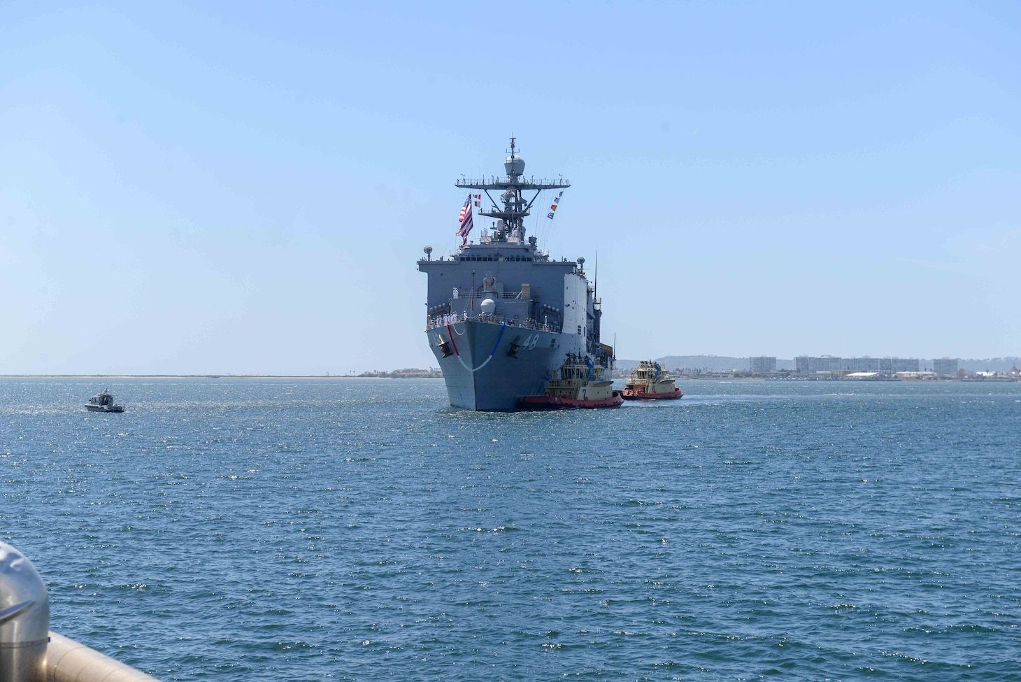 Amphibious dock landing ship USS Ashland (LSD 48) arrives in San Diego for a scheduled homeport shift, April 20, 2023. Ashland shifted homeports from Sasebo to San Diego after serving as a forward-deployed ship in U.S. 7th Fleet since August 2013