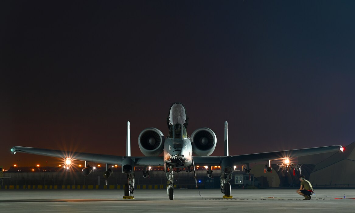 A U.S. Air Force pilot assigned to the 75th Expeditionary Fighter Squadron prepares to taxi an A-10 Thunderbolt II prior to a combat sortie in the U.S. Central Command area of responsibility at Al Dhafra Air Base, United Arab Emirates, April 20, 2022. The deployment of A-10s in the region provides additional capability in the Middle East alongside fighter aircraft. This deployment ensures close air support specialists are able to build upon their skills in environments outside of the United States and ensure combat operations remain sharp across the force. (U.S. Air Force photo by Tech. Sgt. Alex Fox Echols III)