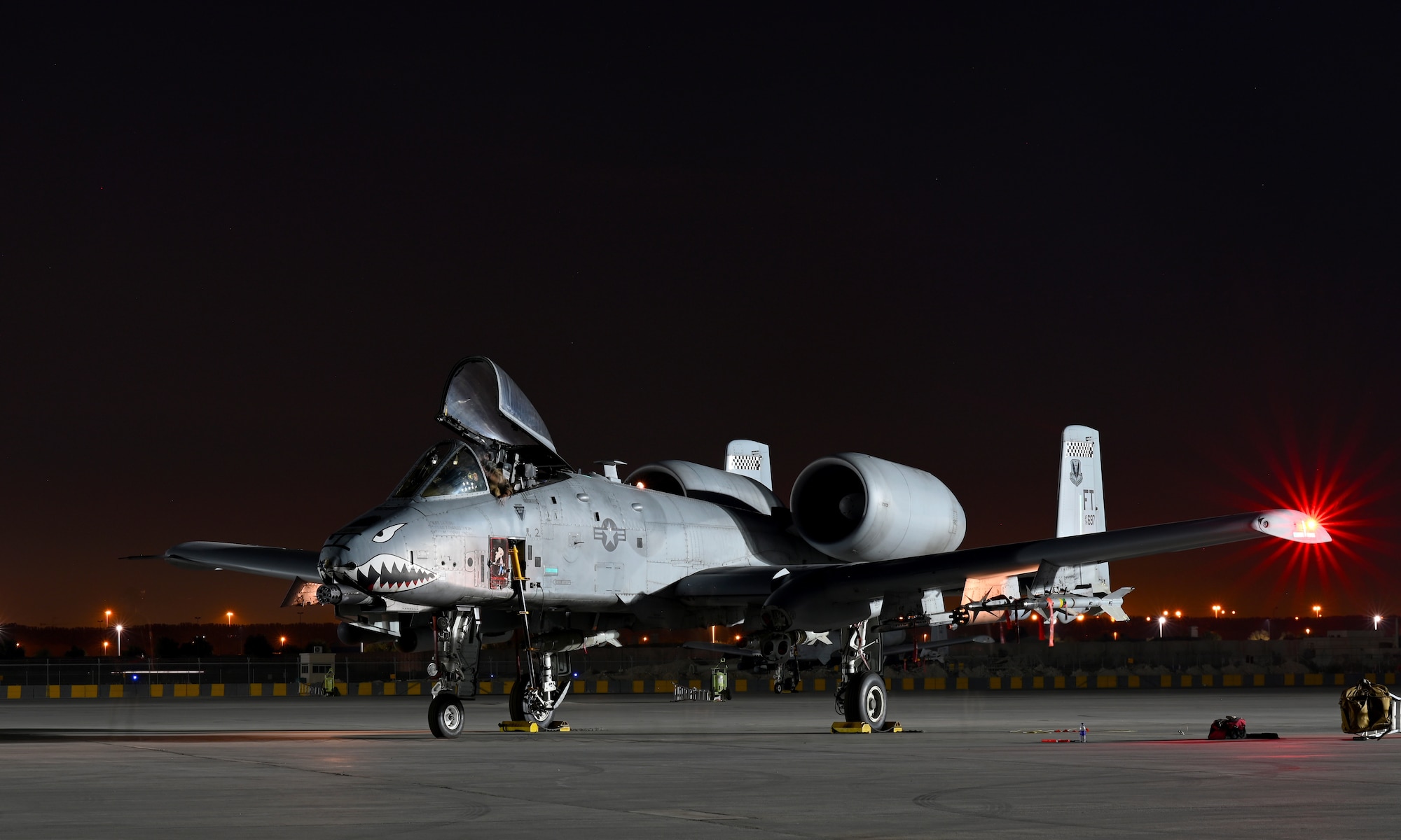 A U.S. Air Force pilot assigned to the 75th Expeditionary Fighter Squadron prepares to taxi an A-10 Thunderbolt II prior to a combat sortie in the U.S. Central Command area of responsibility at Al Dhafra Air Base, United Arab Emirates, April 20, 2022. The deployment of A-10s in the region provides additional capability in the Middle East alongside fighter aircraft. This deployment ensures close air support specialists are able to build upon their skills in environments outside of the United States and ensure combat operations remain sharp across the force. (U.S. Air Force photo by Tech. Sgt. Alex Fox Echols III)