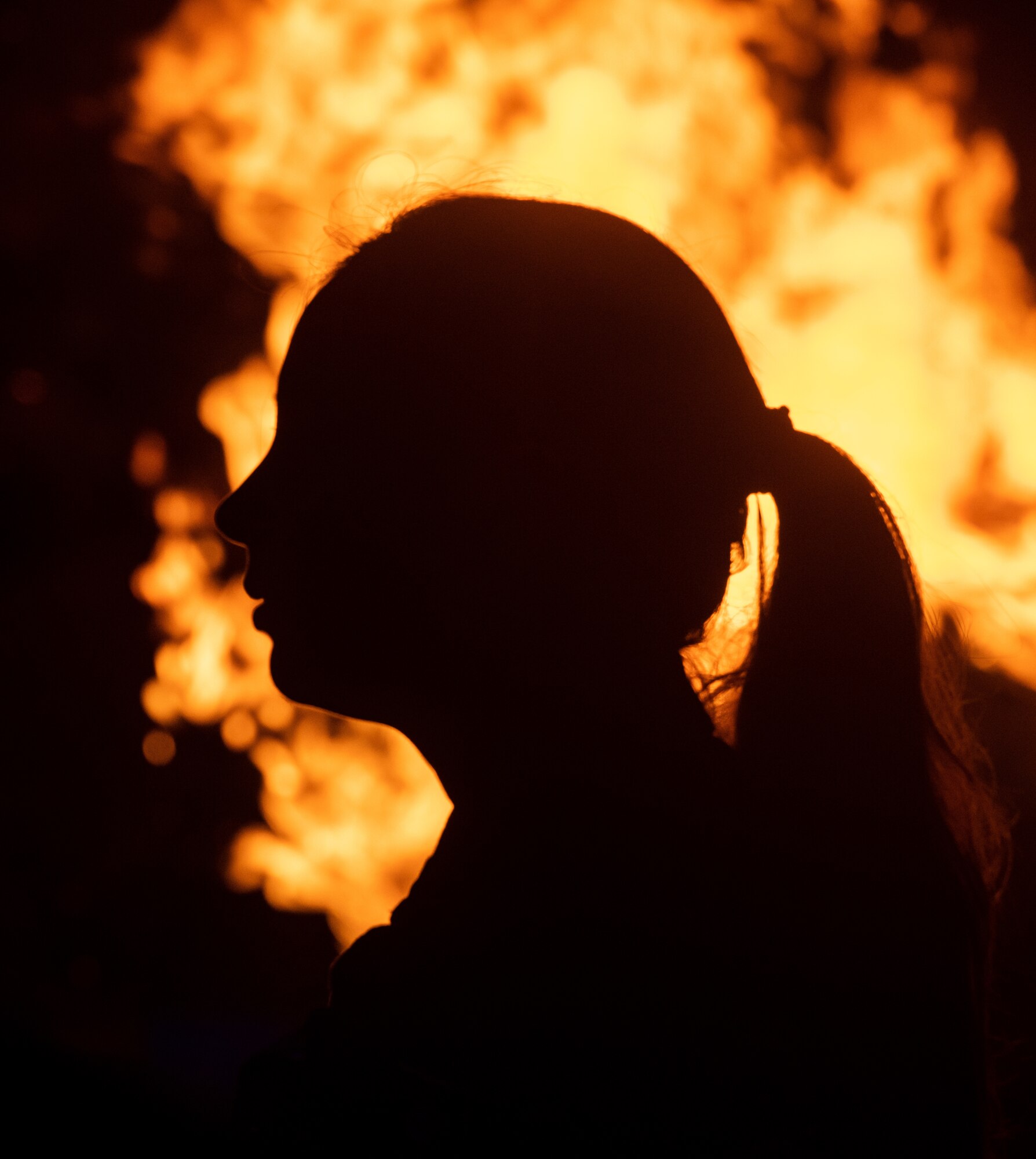 A woman's silhouette from her shoulders to her head is created by the fire behind her.