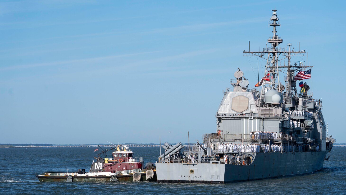 NORFOLK, Va. - The Ticonderoga-class guided-missile cruiser USS Leyte Gulf (CG 55) returns to Naval Station Norfolk following an eight-month deployment with Carrier Strike Group (CSG) 10, April 23, 2023. The George H.W. Bush CSG was deployed to the U.S. Naval Forces Europe area of operations, employed by U.S. Sixth Fleet to defend U.S., allied and partner interests. (U.S. Navy photo by Mass Communication Specialist 1st Class Kris R. Lindstrom)