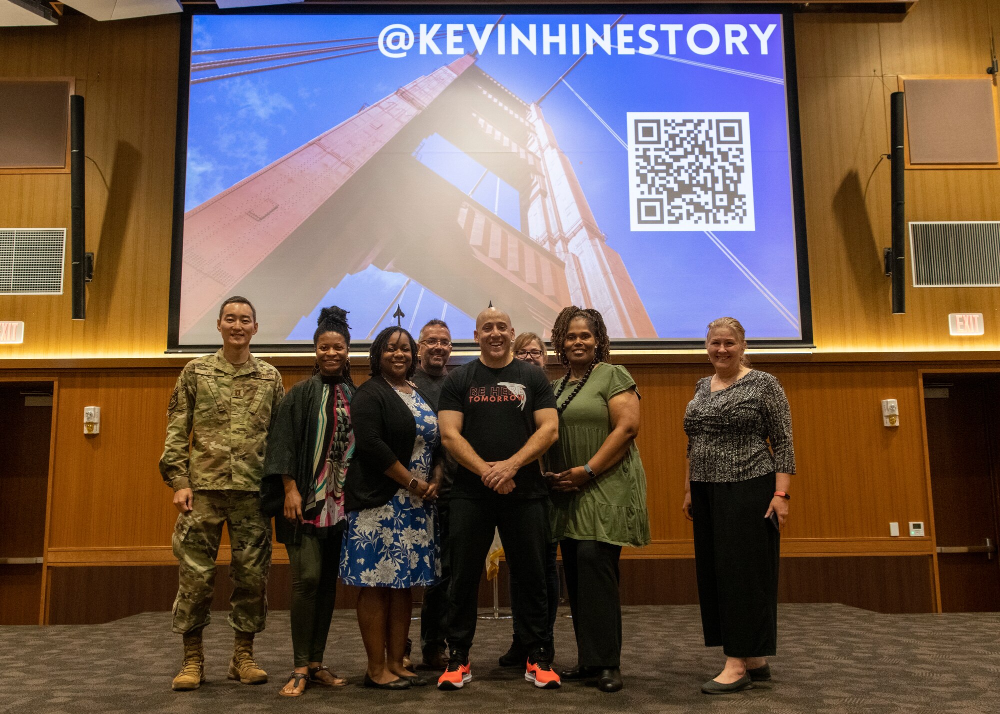 Kevin Hines, a motivational speaker and suicide attempt survivor, and members of the True North team gather for a group portrait at Kadena Air Base, Japan, April 19, 2023. True North seeks to change the culture by promoting help-seeking behavior as an essential part of readiness. (U.S. Air Force photo by Airman 1st Class Edward Yankus)