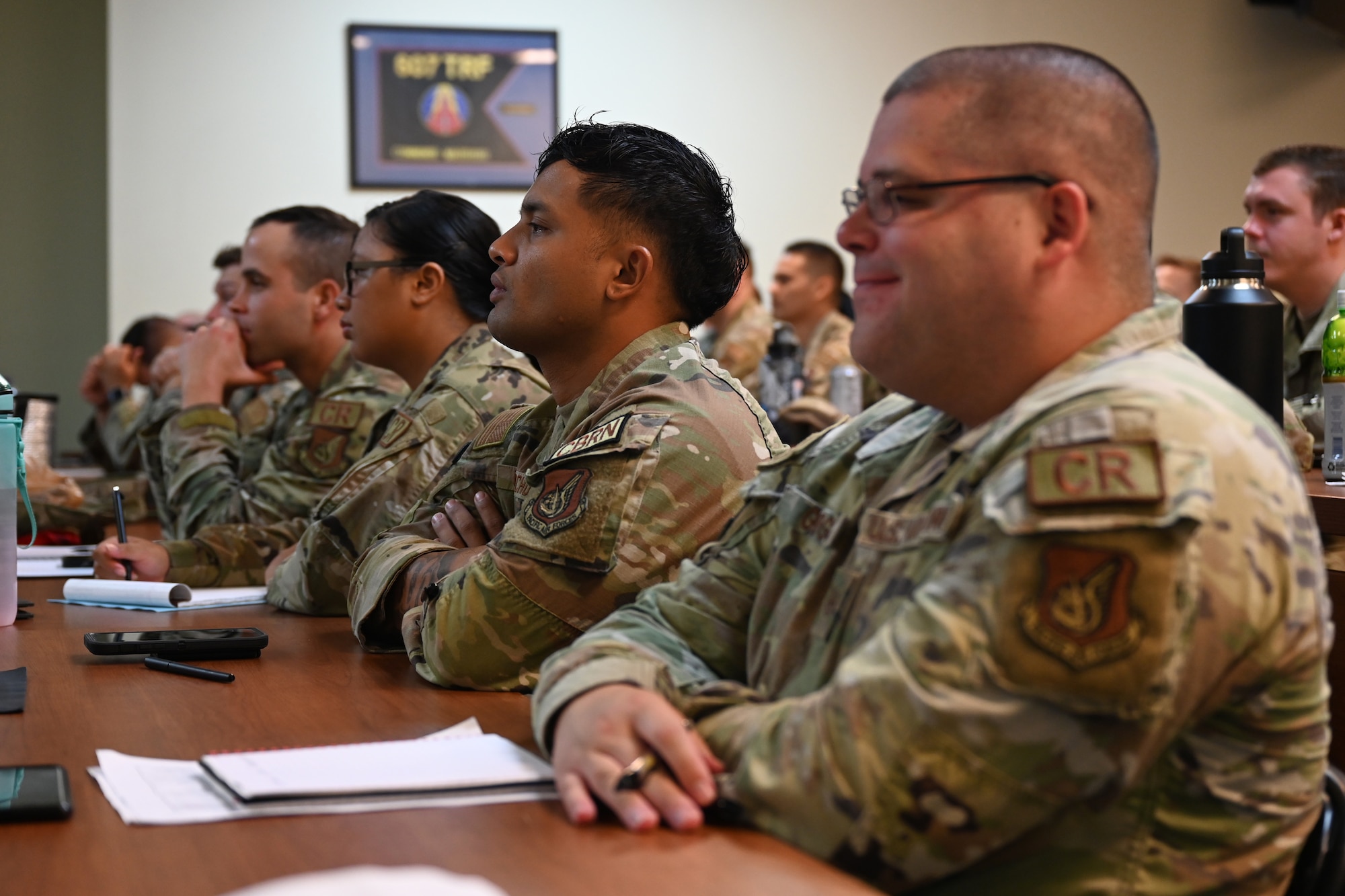 U.S. Air Force members assigned to
Andersen Air Force Base, Guam, listen to
a lecture during the air advisor course at
Pacific Regional Training Center-
Andersen, Guam, March 30, 2023.