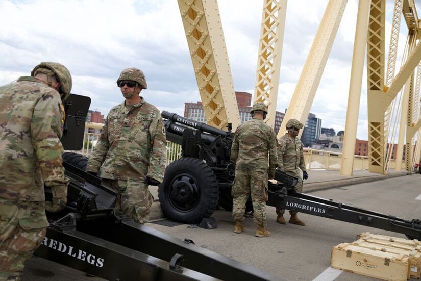 The 138th Field Artillery Brigade played a role in Thunder Over Louisville by firing their 105mm Howitzer cannons from the Clark Memorial Bridge in sync with the National Anthem. April 22, 2023. This was the 34th Thunder that has been held. (U.S. Army National Guard photo by Pfc. Georgia Napier.)