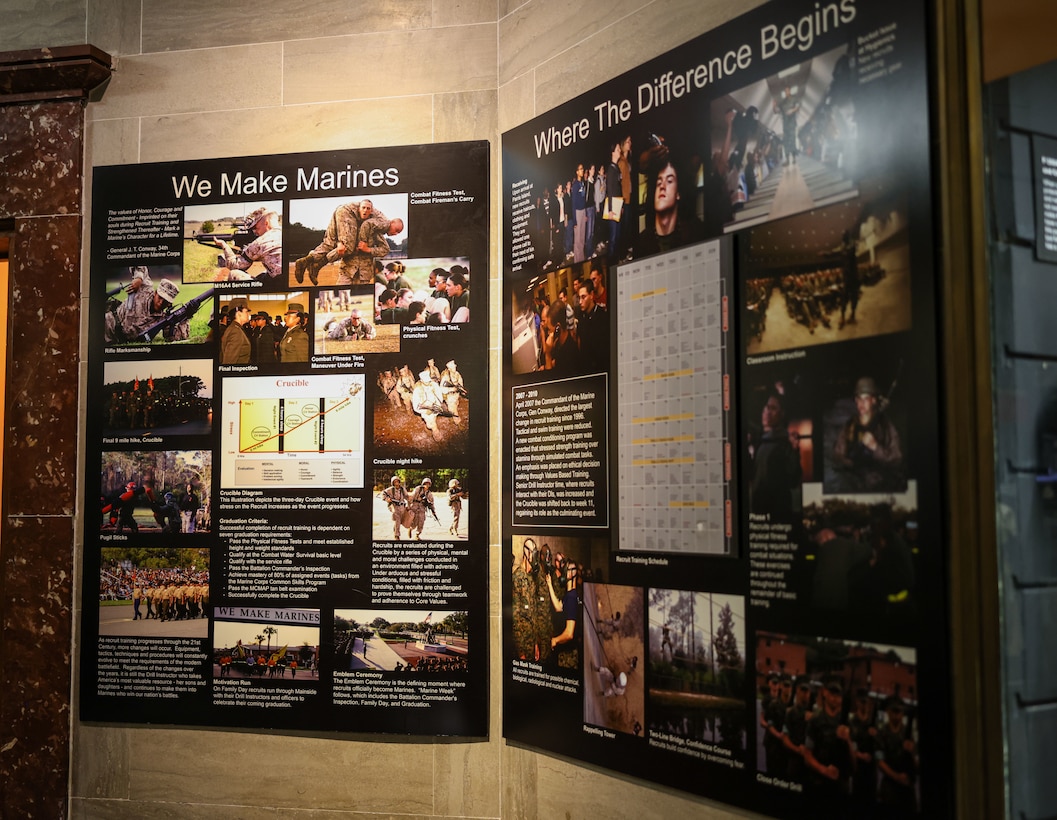 Imagery from throughout Marine Corps Recruit Depot Parris Island's history sit on display in the Parris Island Marine Museum, located on historic Marine Corps Recruit Depot Parris Island, S.C., April 21, 2023. The museum showcases artifacts, displays, and numerous exhibits covering the history of the Depot, the Marine Corps, and Low Country area. (U.S. Marine Corps photo by Lance Cpl. Michelle Brudnicki)